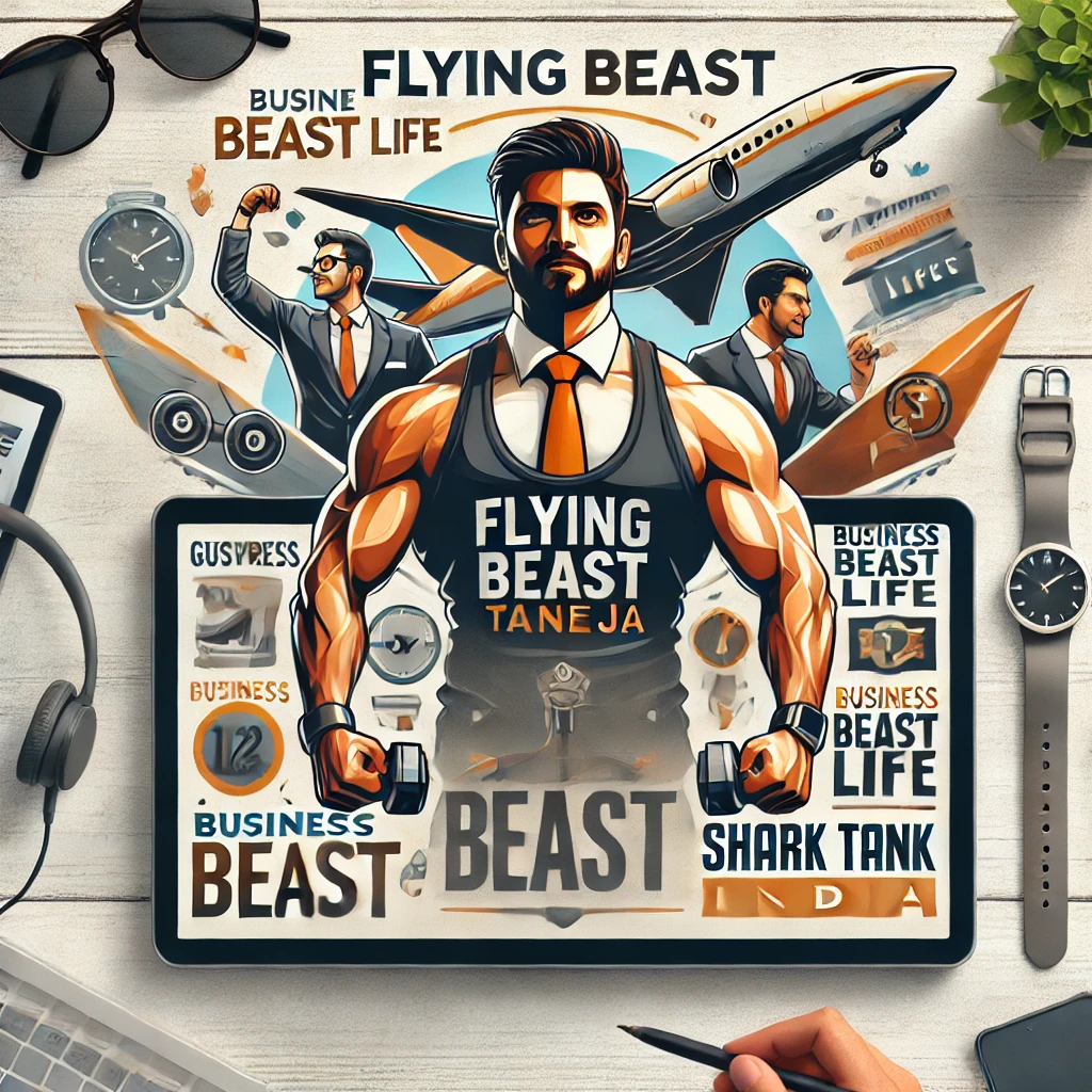 A professional and dynamic featured image showcasing Gaurav Taneja, aka Flying Beast, promoting his business Beast Life on Shark Tank India, with fitness and entrepreneurial elements