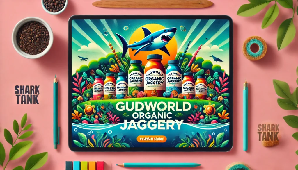 Gudworld organic jaggery products displayed with tropical leaves and a Shark Tank-inspired backdrop, emphasizing health, eco-friendliness, and innovation.